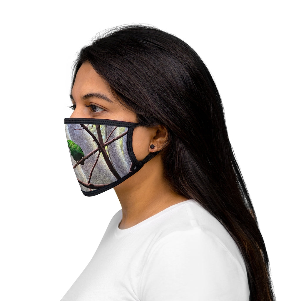 Green Bird Mixed-Fabric Face Mask featuring a vibrant bird pattern with a black outer edge and earloops.