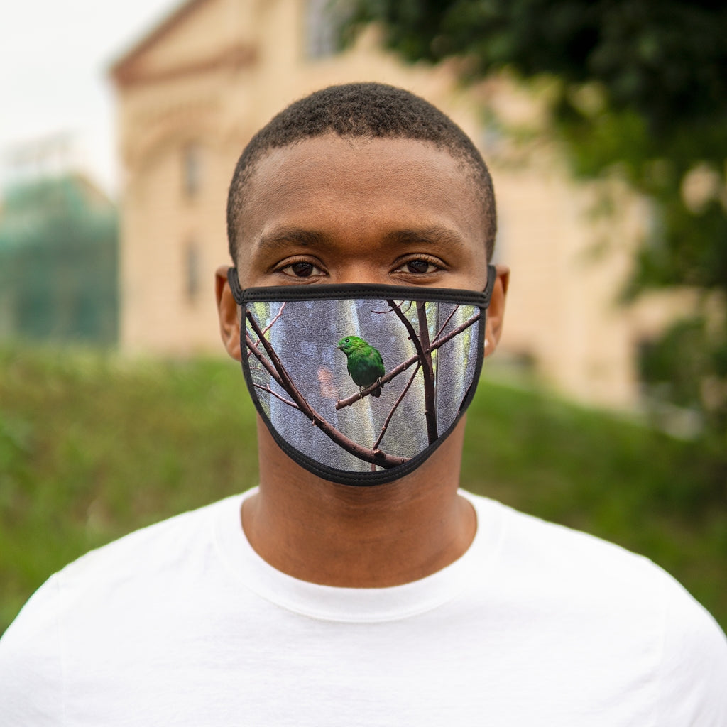 Green Bird Mixed-Fabric Face Mask featuring a vibrant bird pattern with a black outer edge and earloops.