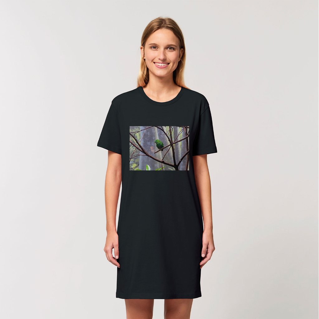 A stylish Green Bird Organic T-Shirt Dress made from 100% organic cotton, showcasing its soft texture and elegant design.