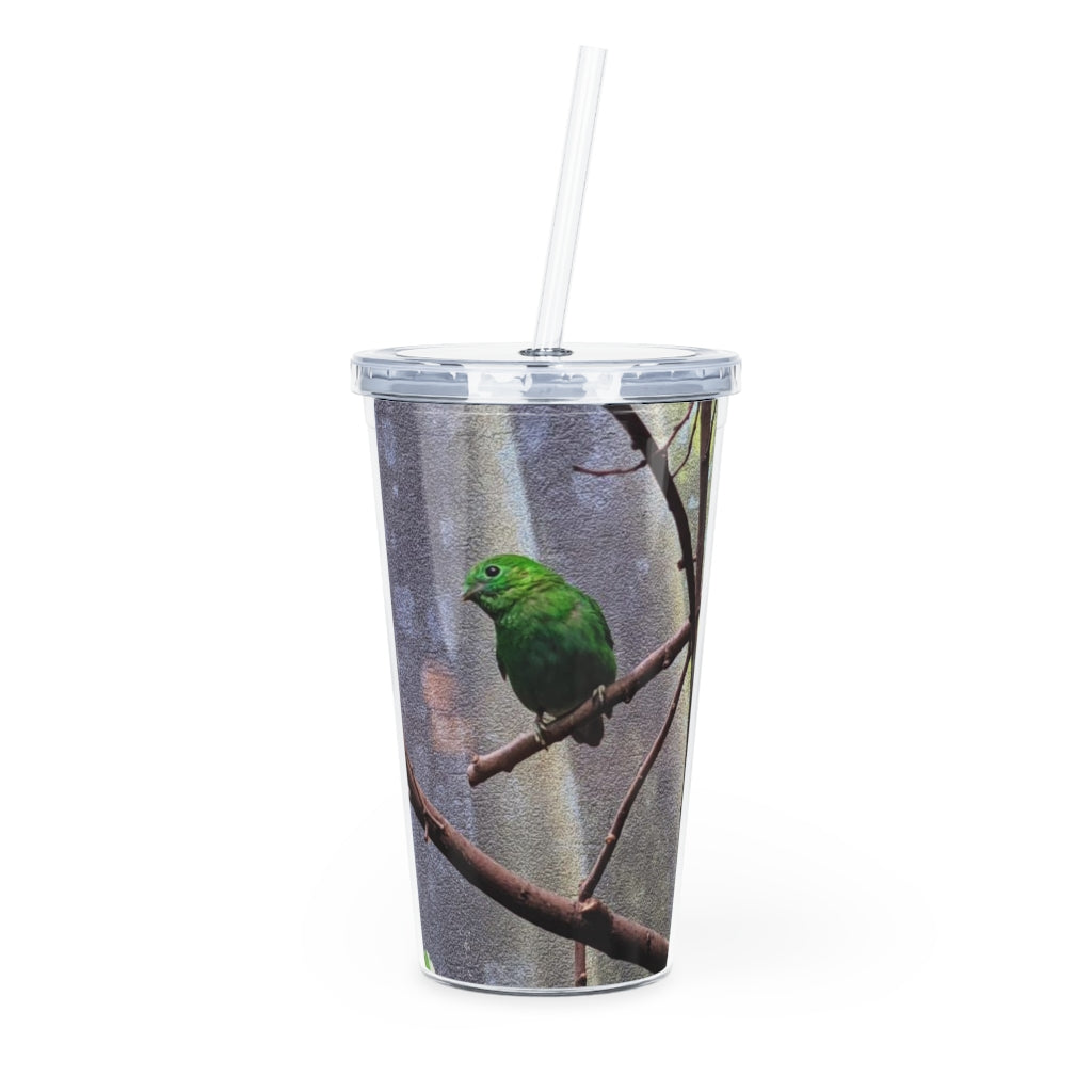 Green Bird Plastic Tumbler with Straw, featuring a vibrant green design and a removable insert for customization.