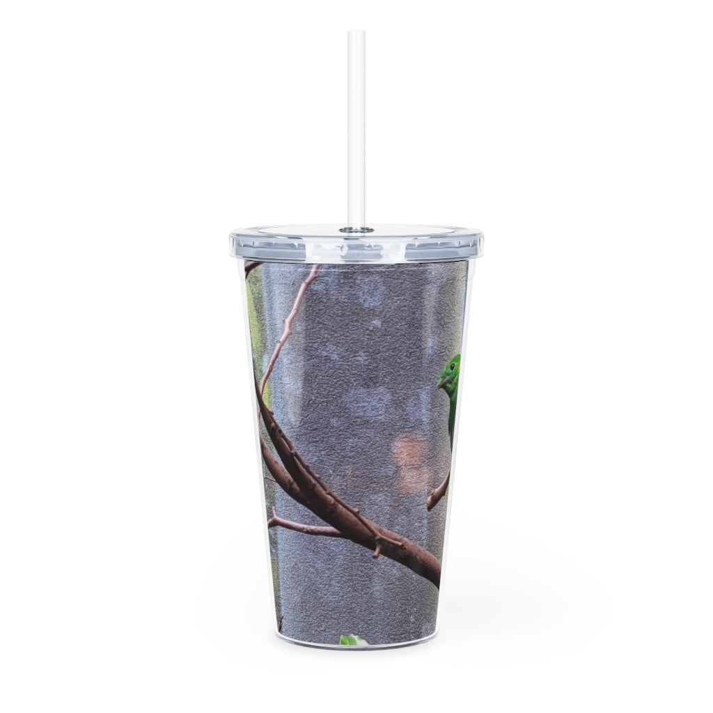 Green Bird Plastic Tumbler with Straw, featuring a vibrant green design and a removable insert for customization.