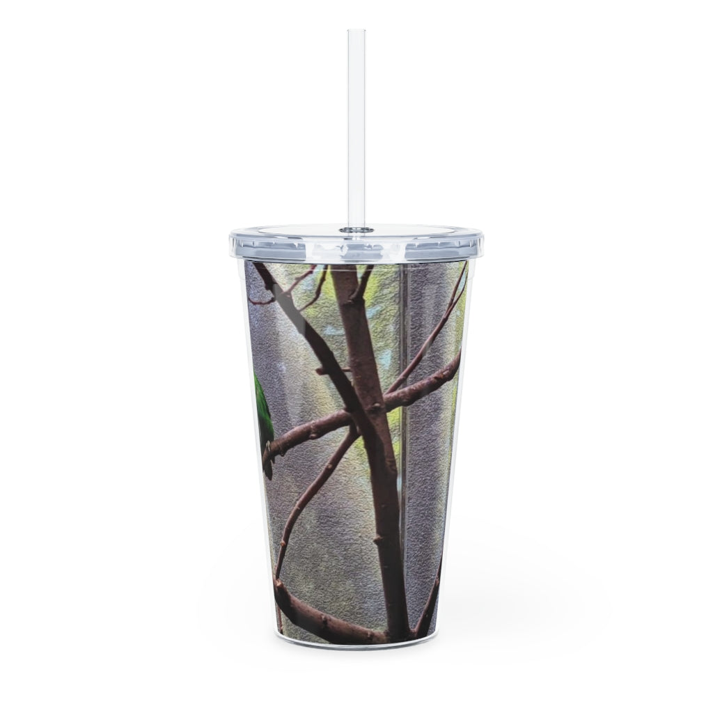 Green Bird Plastic Tumbler with Straw, featuring a vibrant green design and a removable insert for customization.