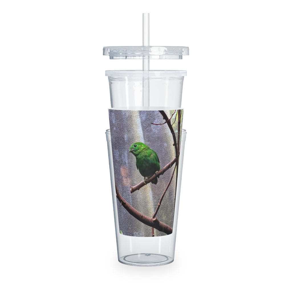 Green Bird Plastic Tumbler with Straw, featuring a vibrant green design and a removable insert for customization.