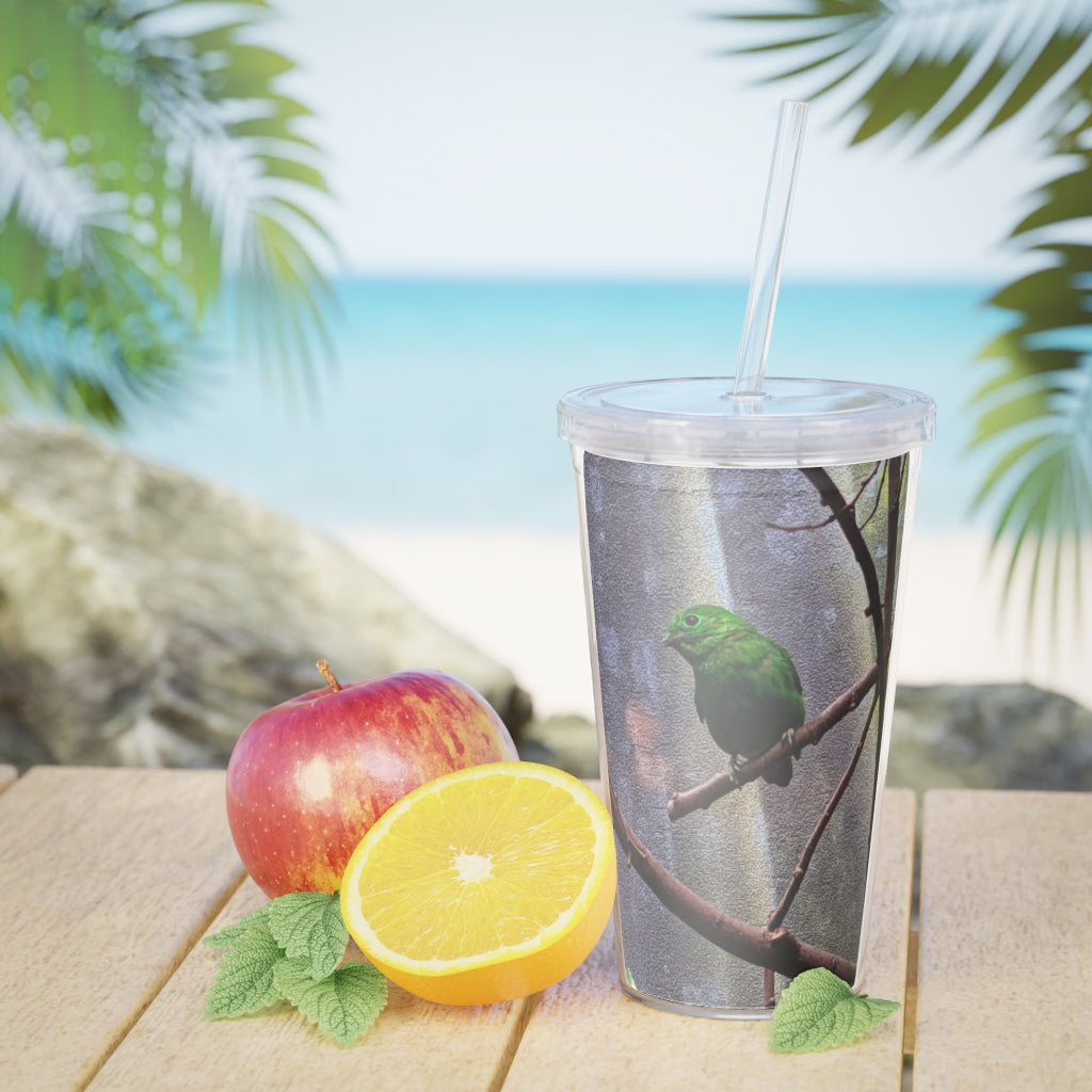 Green Bird Plastic Tumbler with Straw, featuring a vibrant green design and a removable insert for customization.