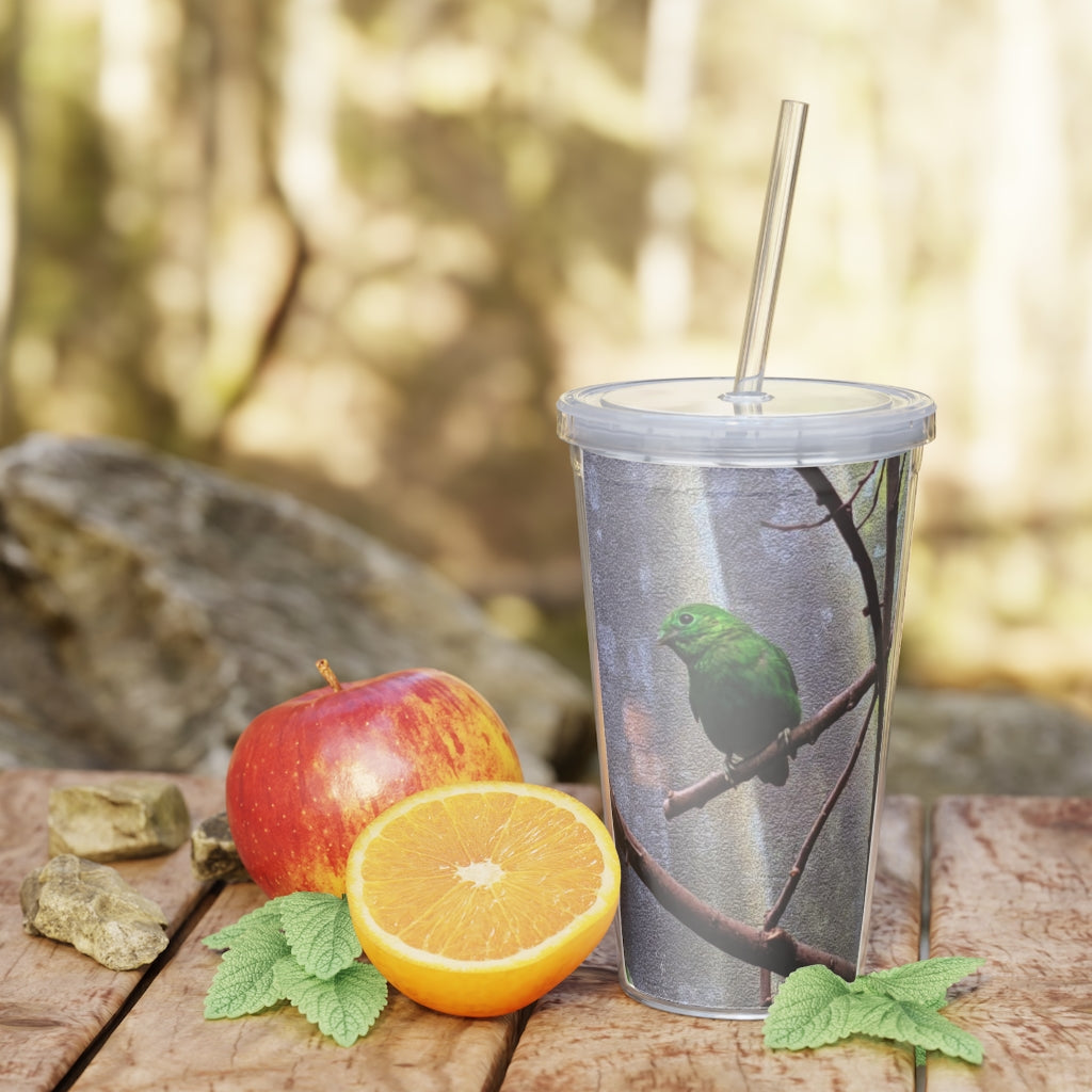 Green Bird Plastic Tumbler with Straw, featuring a vibrant green design and a removable insert for customization.