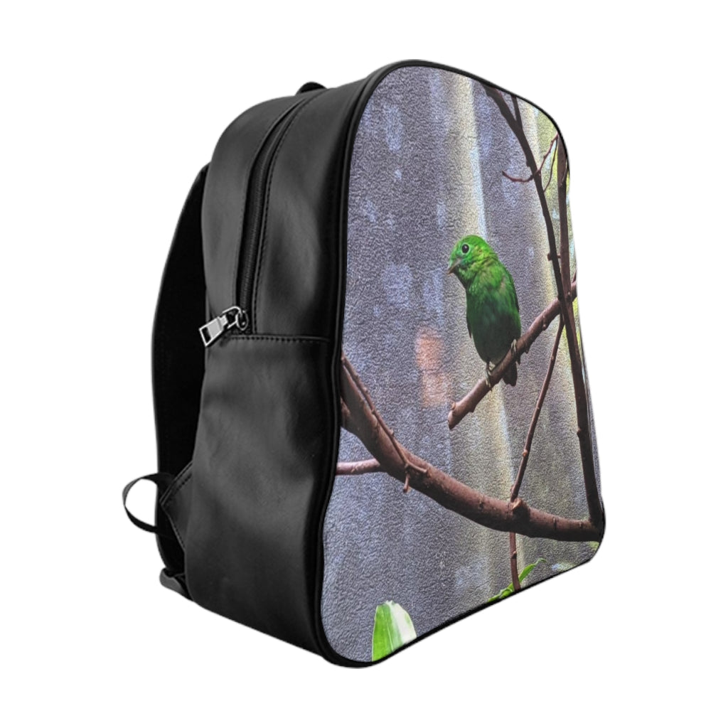 Green Bird School Backpack featuring a stylish design with padded back and multiple pockets, made from durable PU leather.