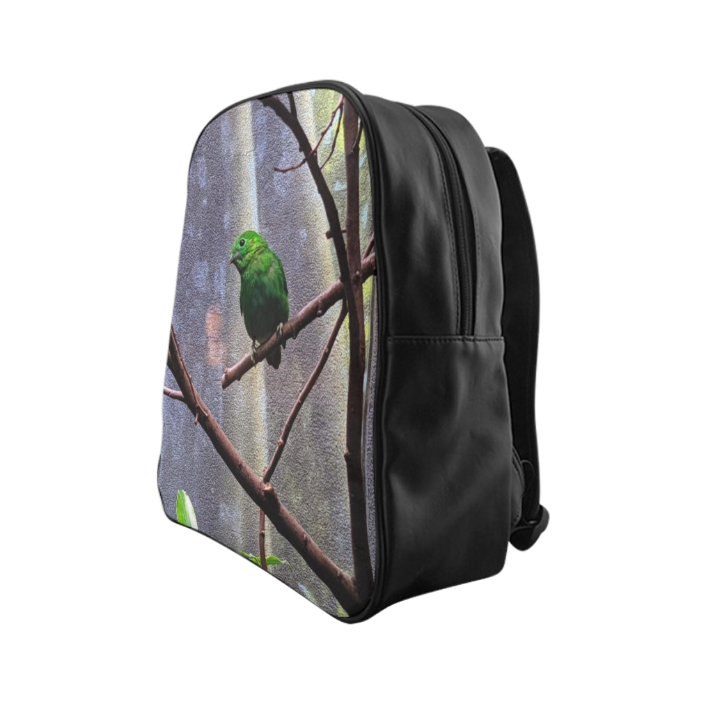 Green Bird School Backpack featuring a stylish design with padded back and multiple pockets, made from durable PU leather.