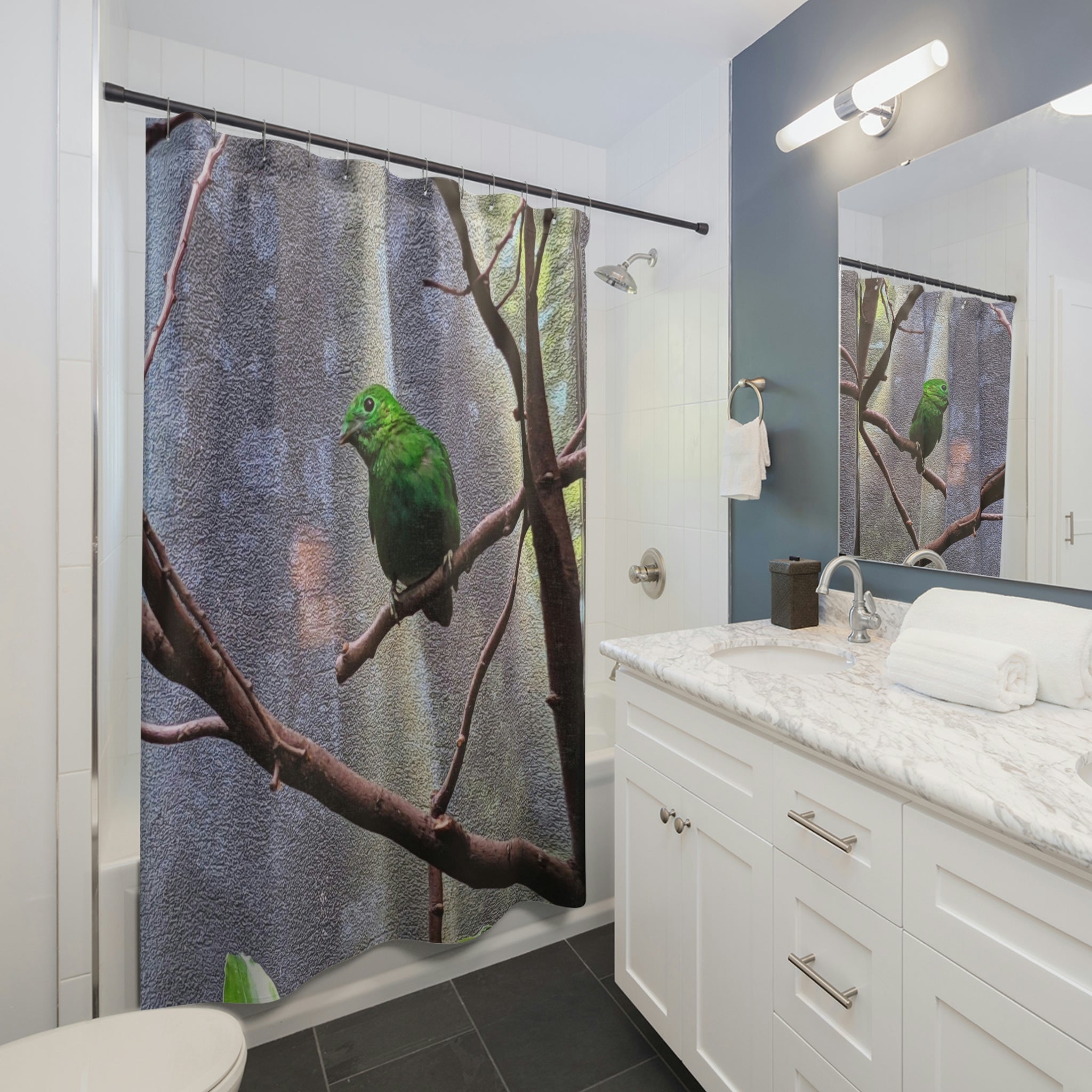 A vibrant Green Bird Shower Curtain featuring intricate bird designs on a lush green background, perfect for enhancing bathroom decor.