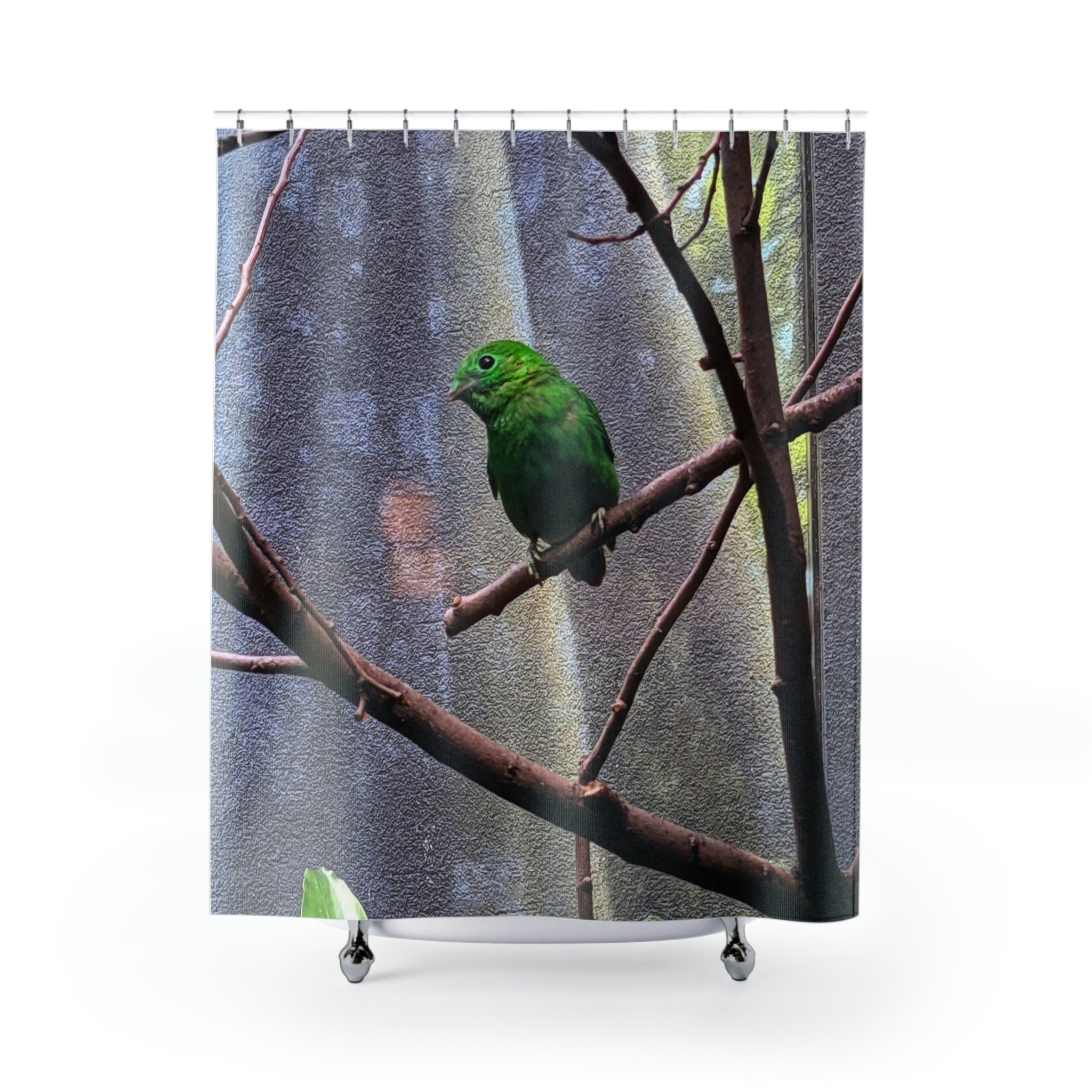 A vibrant Green Bird Shower Curtain featuring intricate bird designs on a lush green background, perfect for enhancing bathroom decor.