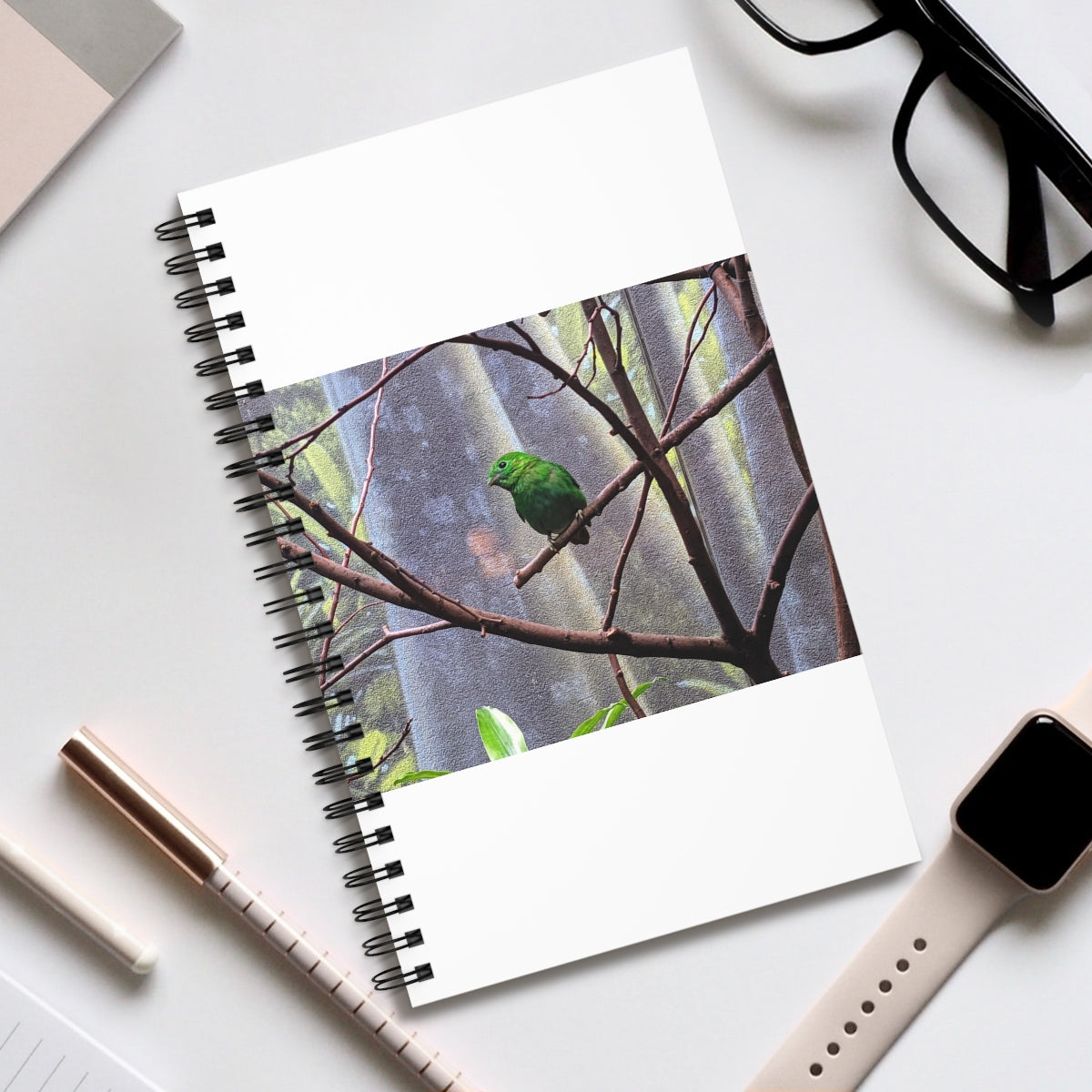 Green Bird Spiral Journal featuring a vibrant cover design, showcasing various styles including blank, dot grid, lined, and task manager layouts.