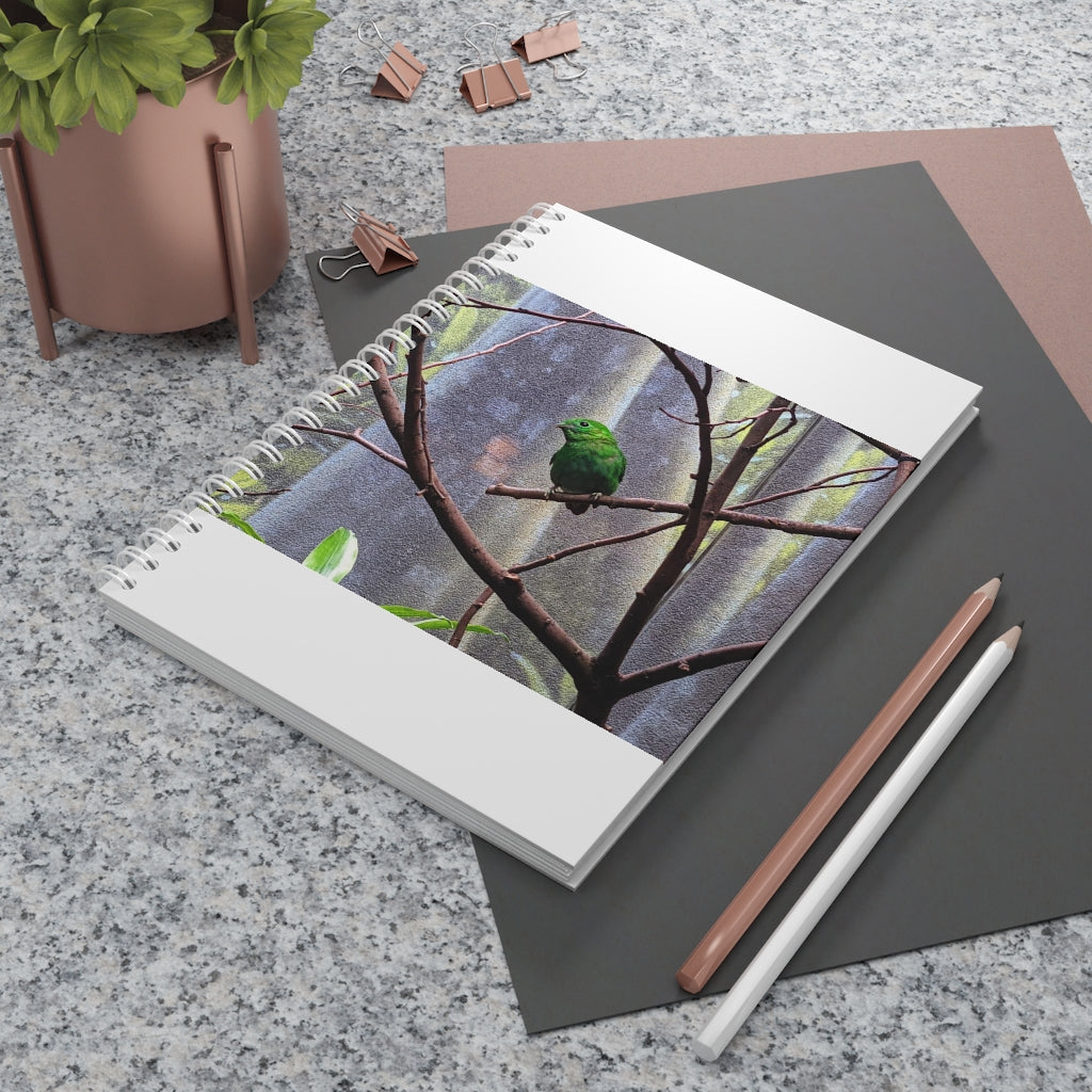 Green Bird Spiral Notebook with customizable covers and wide-ruled pages, featuring a semi-gloss laminated finish.