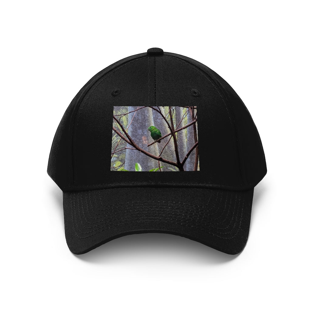 Green Bird Unisex Twill Hat featuring a classic 6-panel design and adjustable Velcro closure, made from 100% cotton twill.