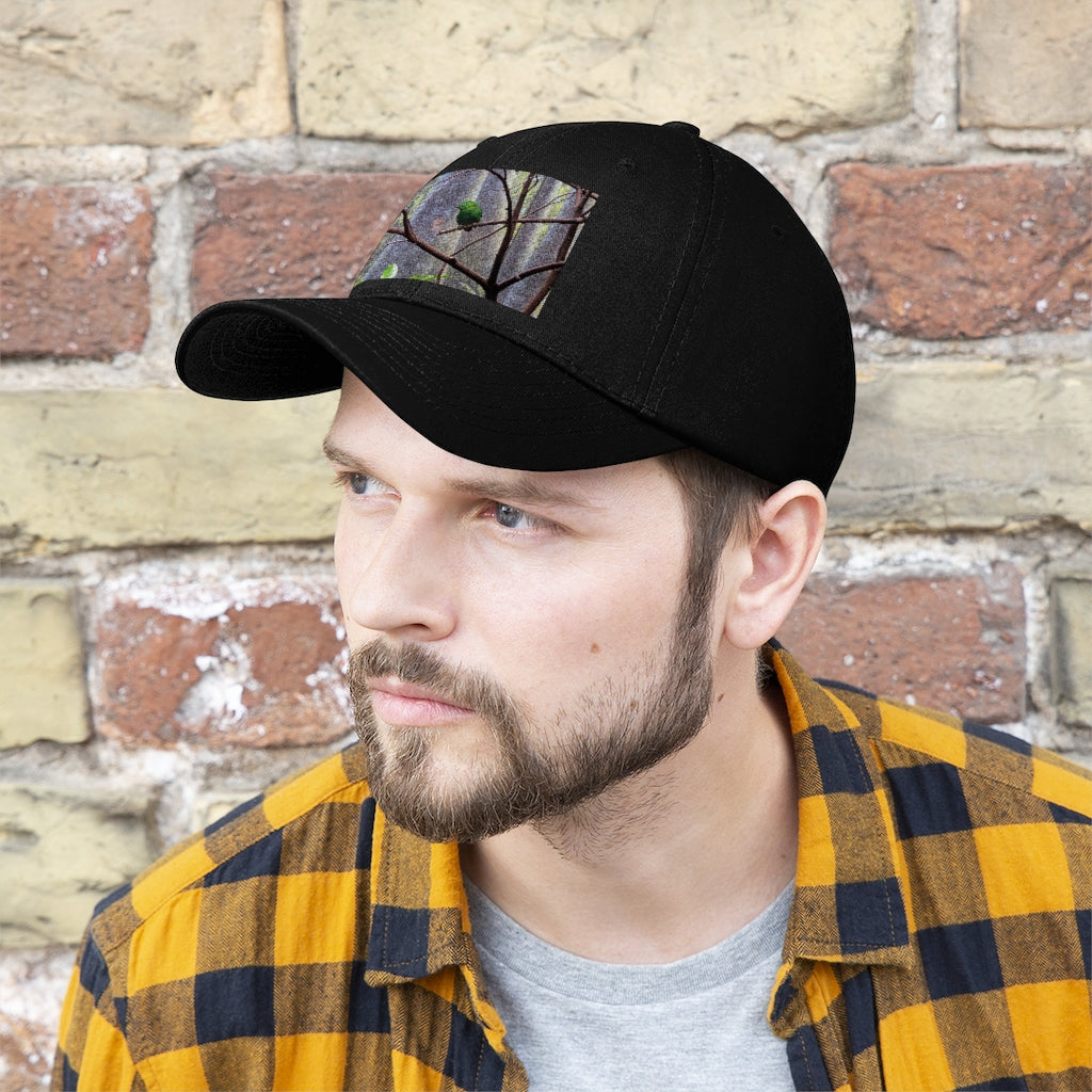 Green Bird Unisex Twill Hat featuring a classic 6-panel design and adjustable Velcro closure, made from 100% cotton twill.