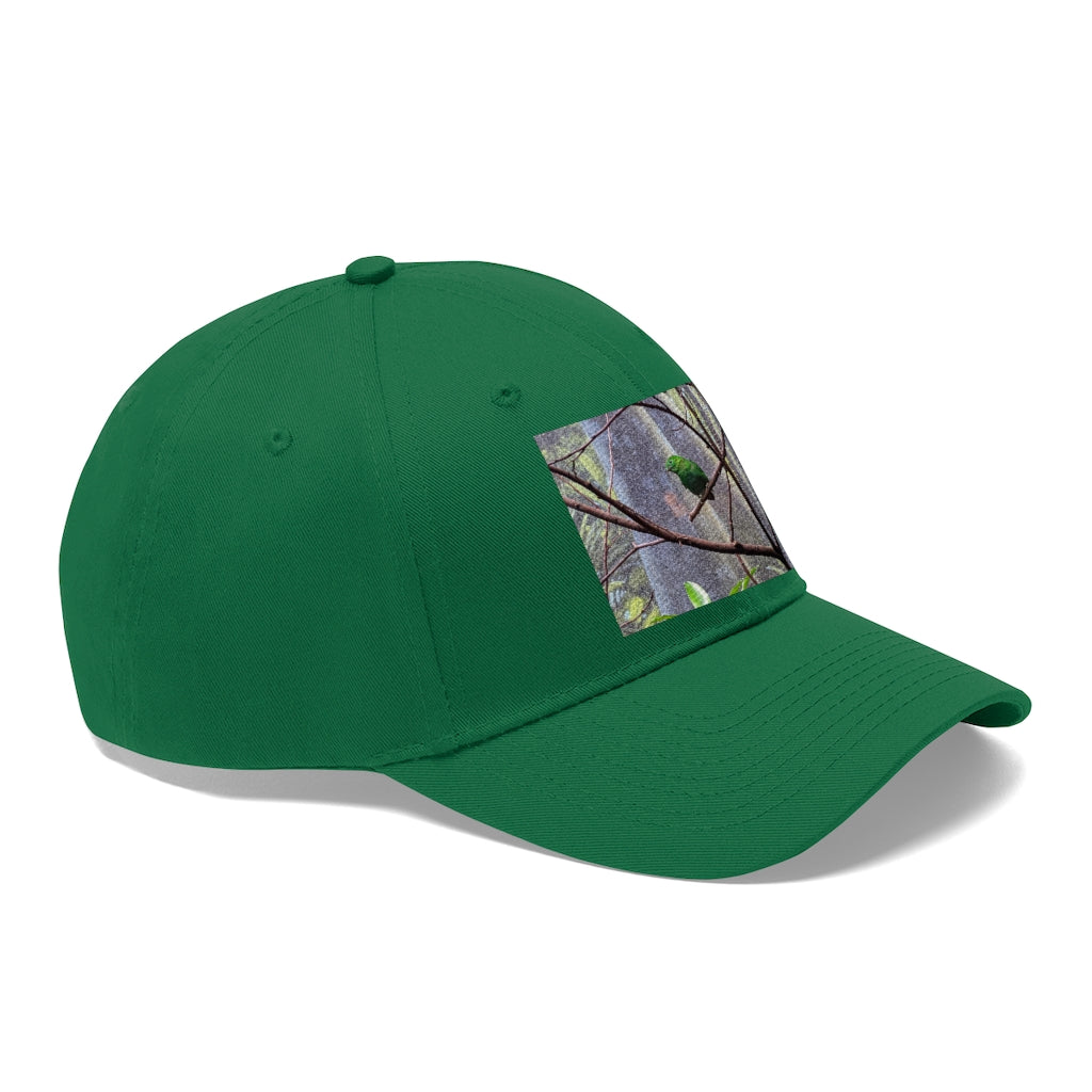 Green Bird Unisex Twill Hat featuring a classic 6-panel design and adjustable Velcro closure, made from 100% cotton twill.