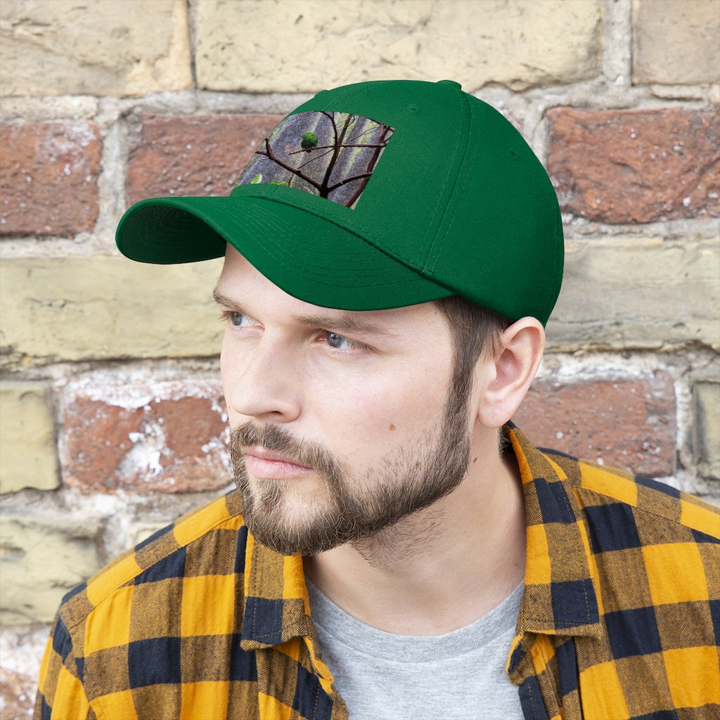 Green Bird Unisex Twill Hat featuring a classic 6-panel design and adjustable Velcro closure, made from 100% cotton twill.