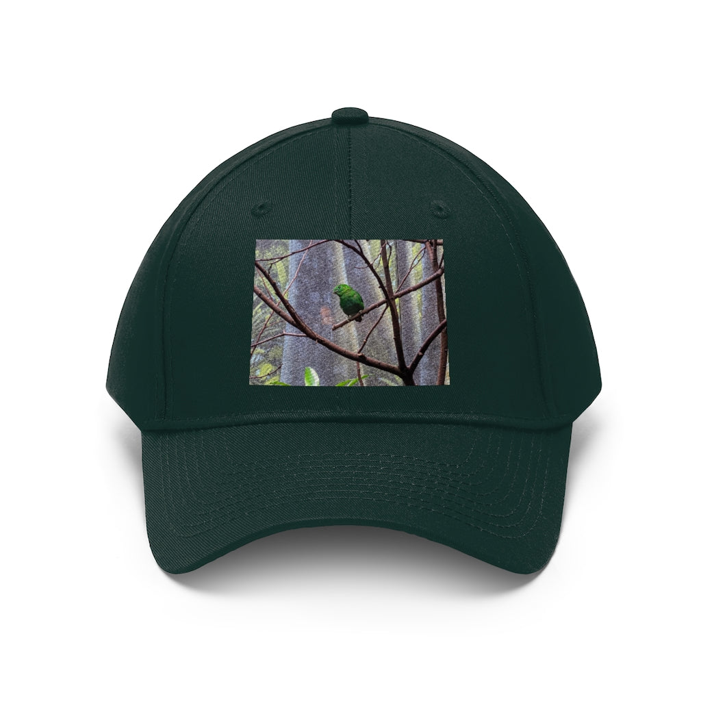 Green Bird Unisex Twill Hat featuring a classic 6-panel design and adjustable Velcro closure, made from 100% cotton twill.