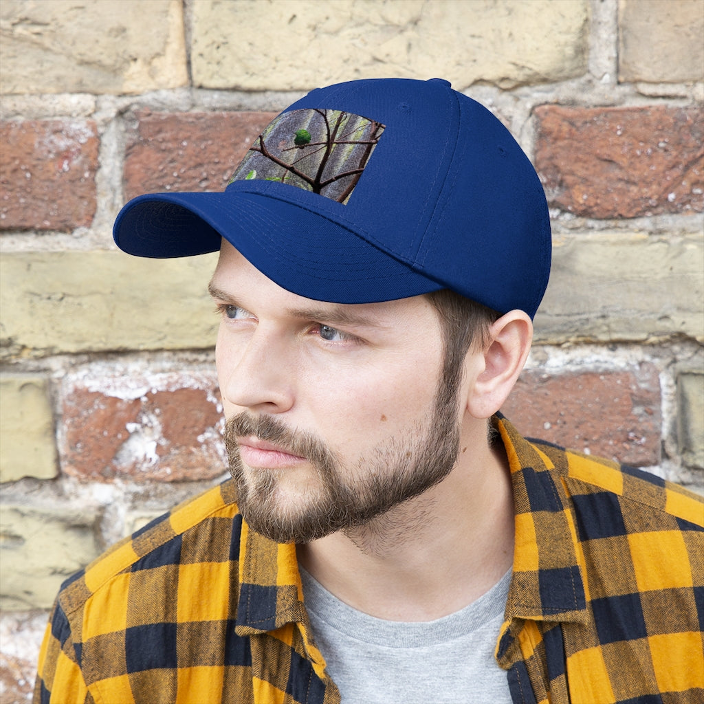 Green Bird Unisex Twill Hat featuring a classic 6-panel design and adjustable Velcro closure, made from 100% cotton twill.