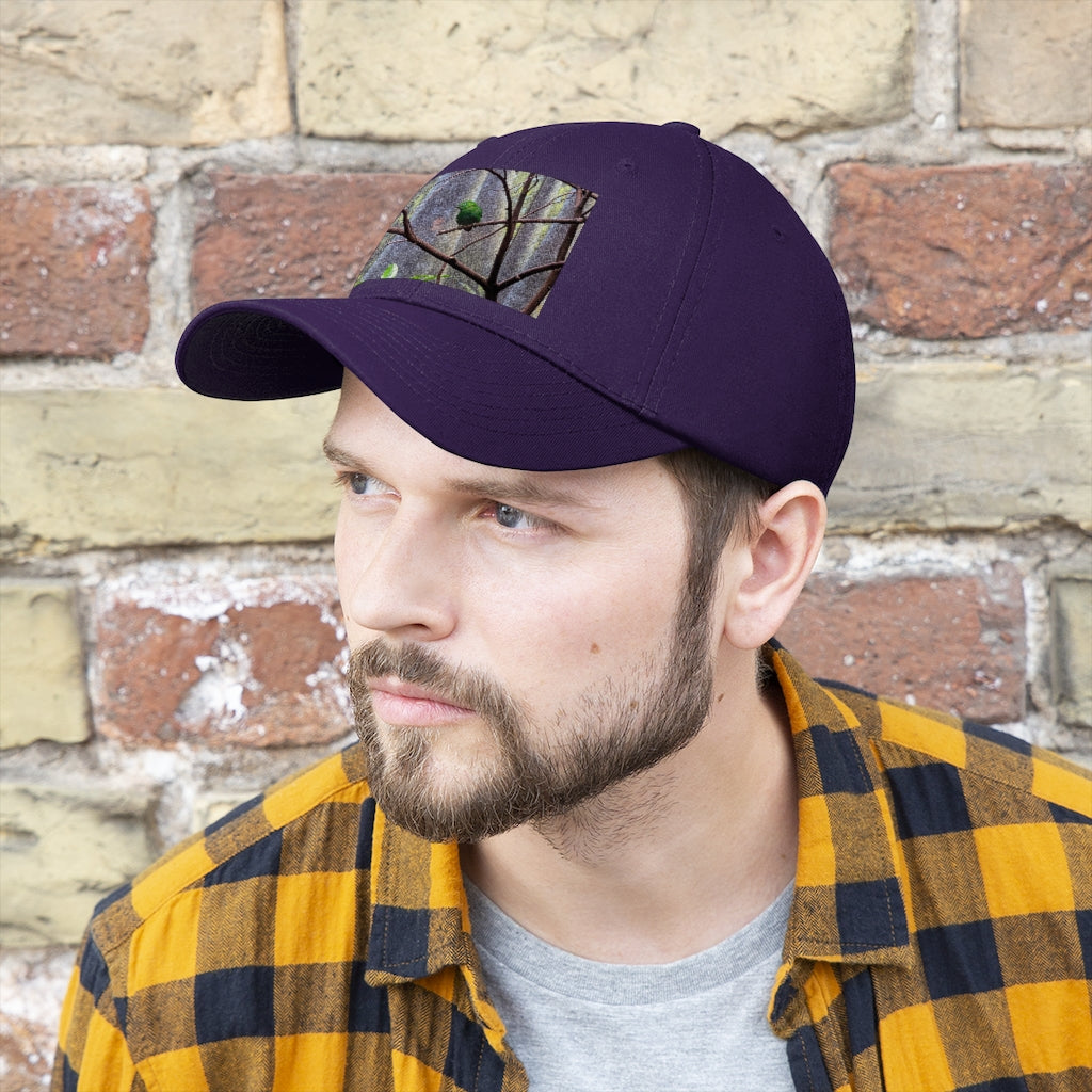 Green Bird Unisex Twill Hat featuring a classic 6-panel design and adjustable Velcro closure, made from 100% cotton twill.