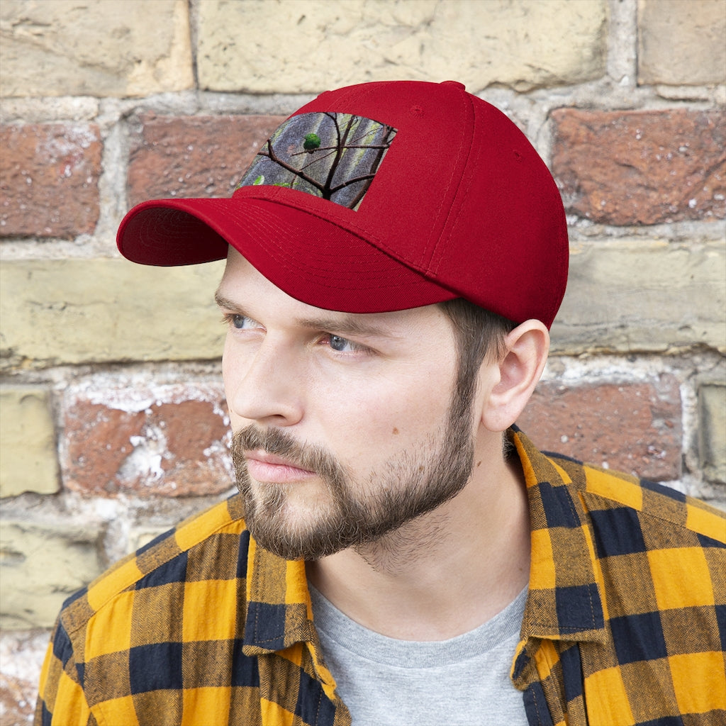 Green Bird Unisex Twill Hat featuring a classic 6-panel design and adjustable Velcro closure, made from 100% cotton twill.