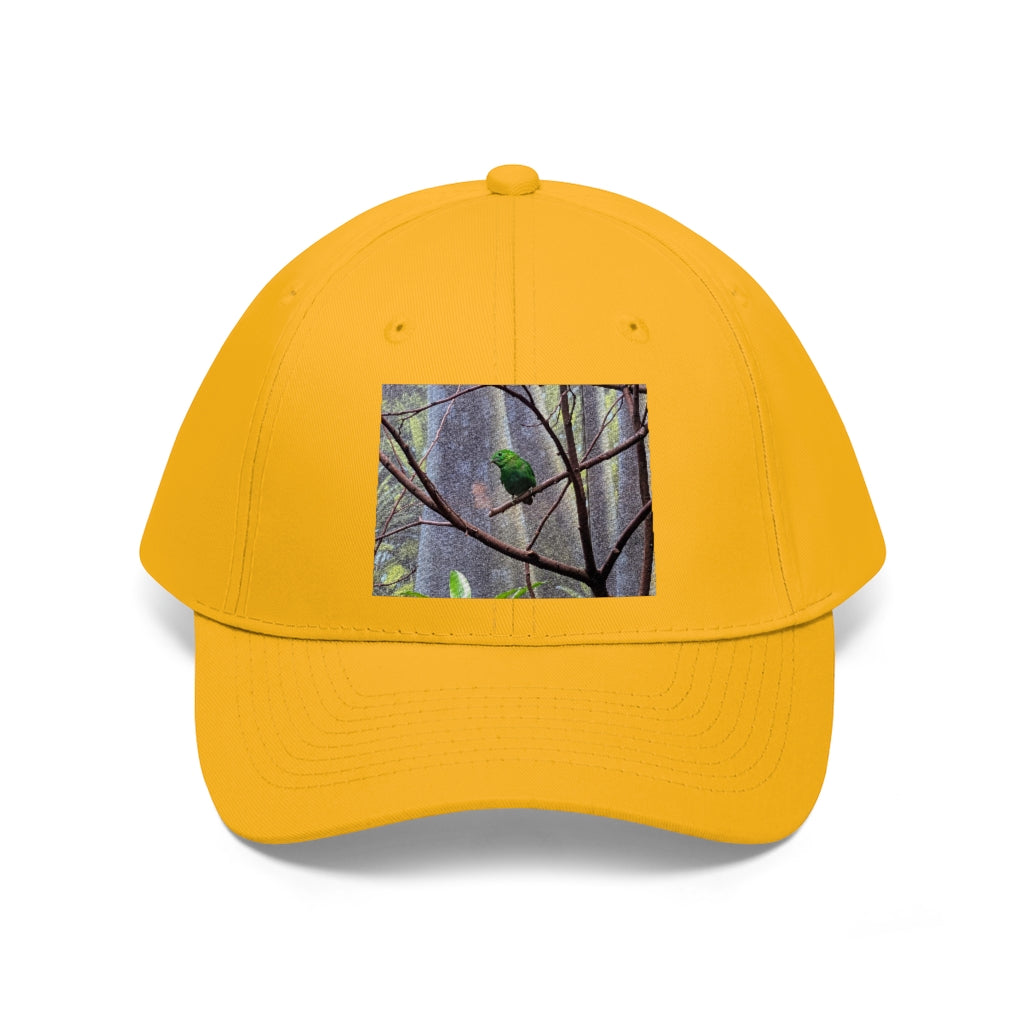 Green Bird Unisex Twill Hat featuring a classic 6-panel design and adjustable Velcro closure, made from 100% cotton twill.