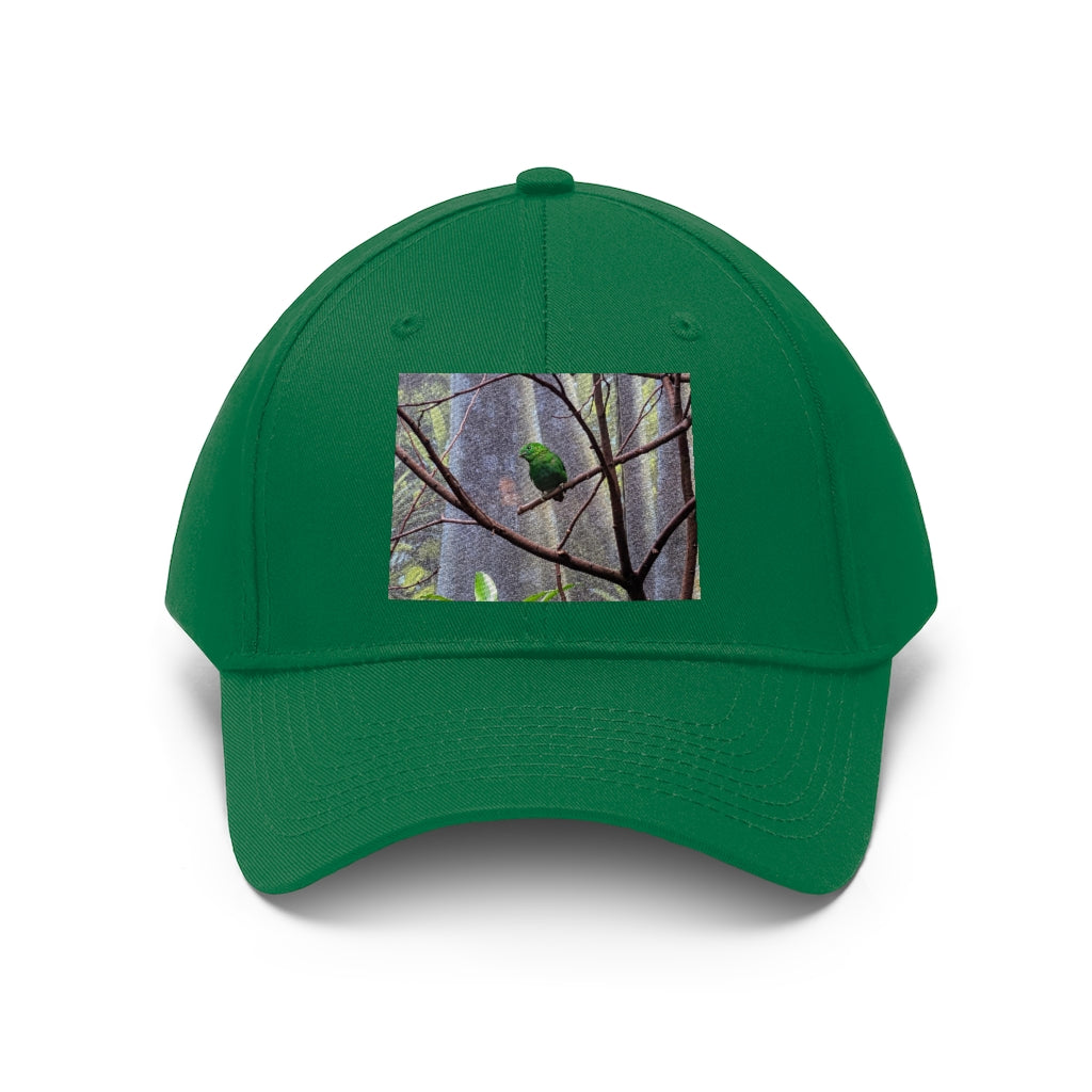 Green Bird Unisex Twill Hat featuring a classic 6-panel design and adjustable Velcro closure, made from 100% cotton twill.