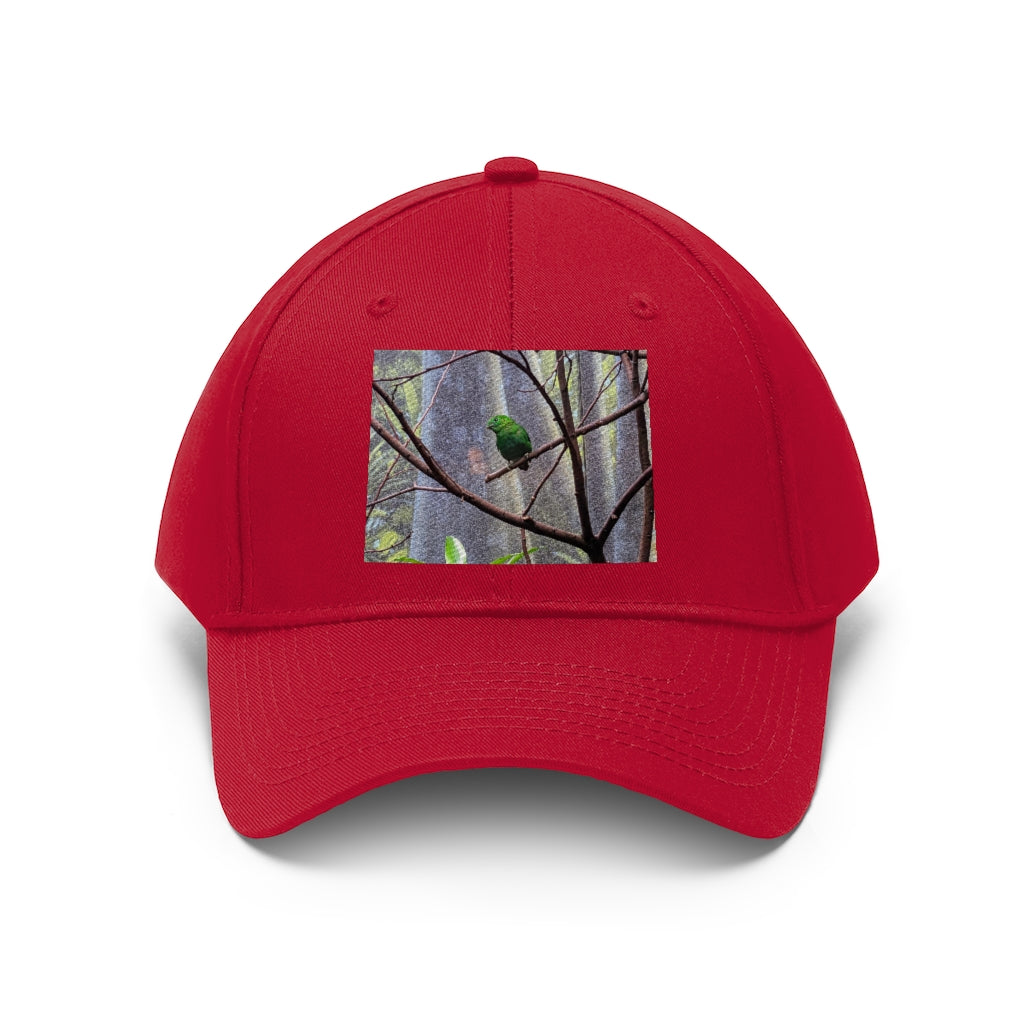 Green Bird Unisex Twill Hat featuring a classic 6-panel design and adjustable Velcro closure, made from 100% cotton twill.