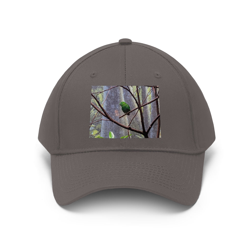 Green Bird Unisex Twill Hat featuring a classic 6-panel design and adjustable Velcro closure, made from 100% cotton twill.