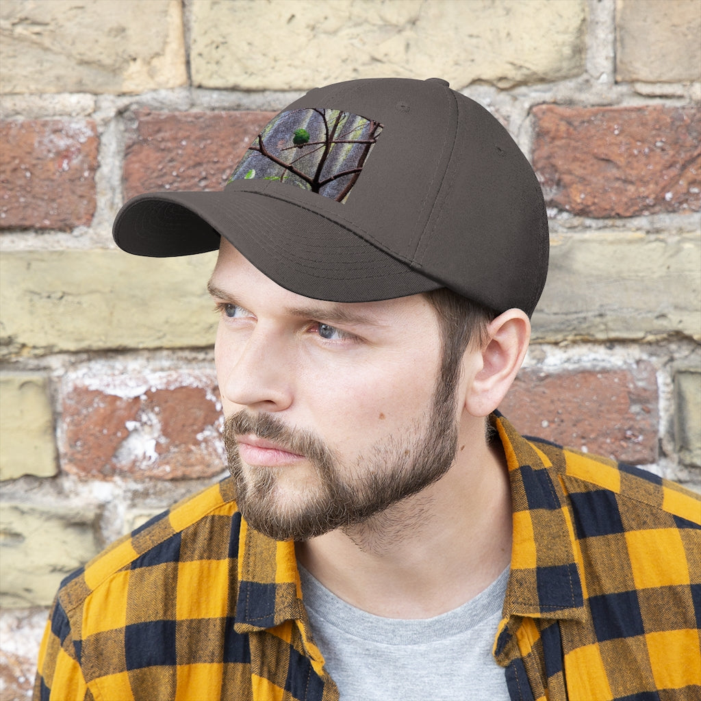 Green Bird Unisex Twill Hat featuring a classic 6-panel design and adjustable Velcro closure, made from 100% cotton twill.