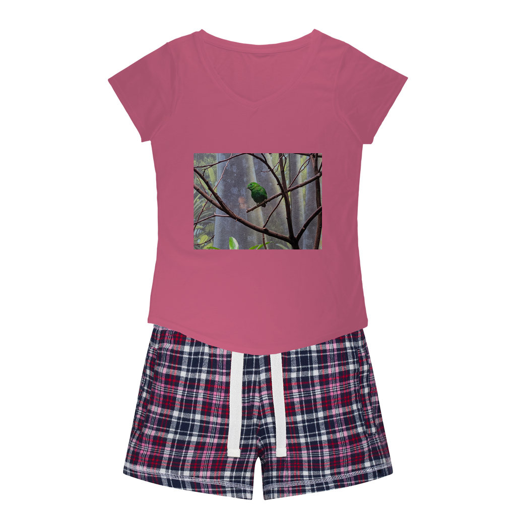 Green Bird Women's Sleepy Tee and Flannel Short set featuring a relaxed fit T-shirt and colorful flannel shorts, perfect for cozy nights.