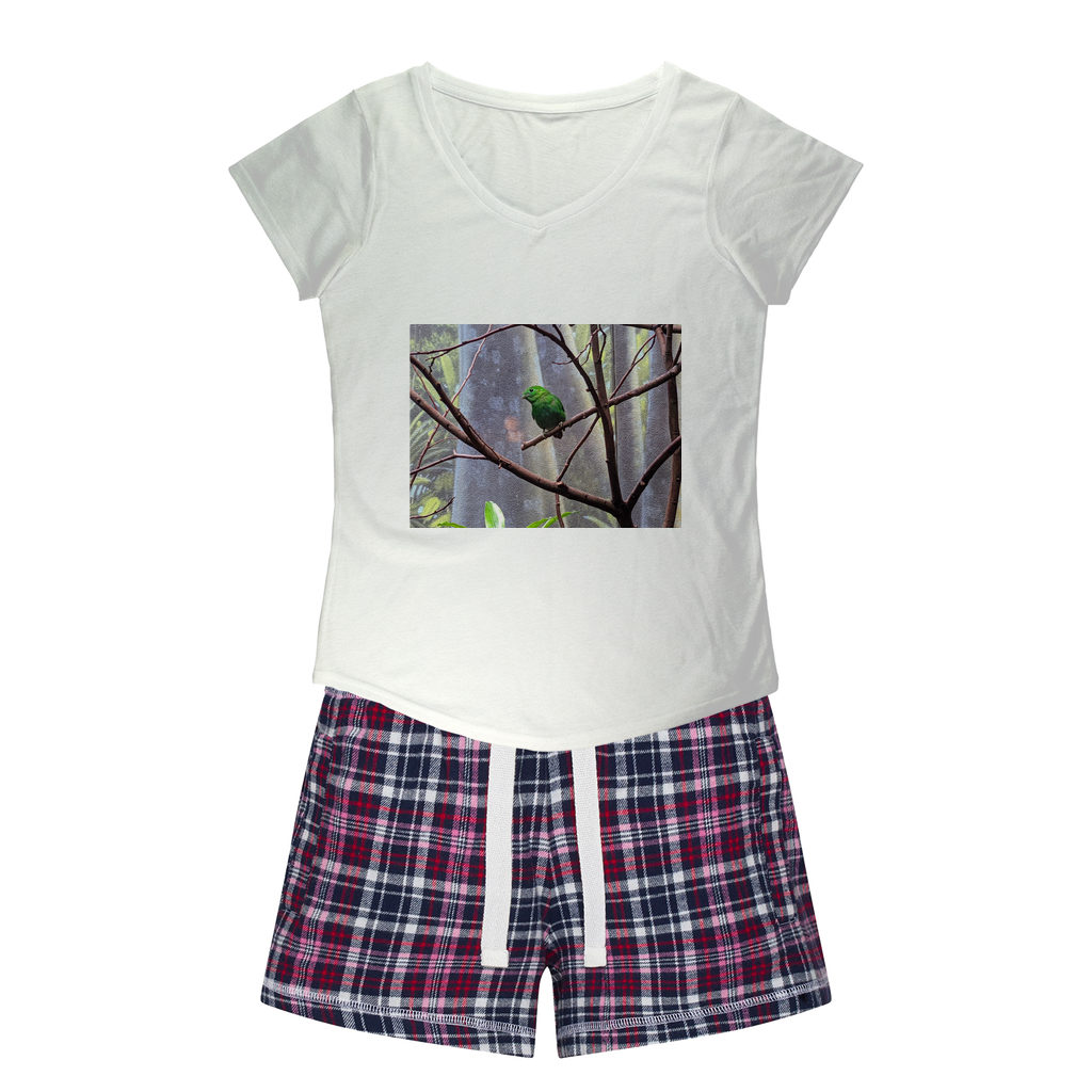 Green Bird Women's Sleepy Tee and Flannel Short set featuring a relaxed fit T-shirt and colorful flannel shorts, perfect for cozy nights.