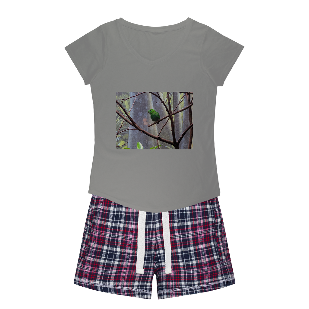 Green Bird Women's Sleepy Tee and Flannel Short set featuring a relaxed fit T-shirt and colorful flannel shorts, perfect for cozy nights.