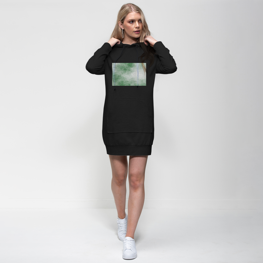 Green Cloud Premium Adult Hoodie Dress featuring a relaxed fit, hood with drawstring, and kangaroo pouch pocket, made from soft cotton blend fabric.