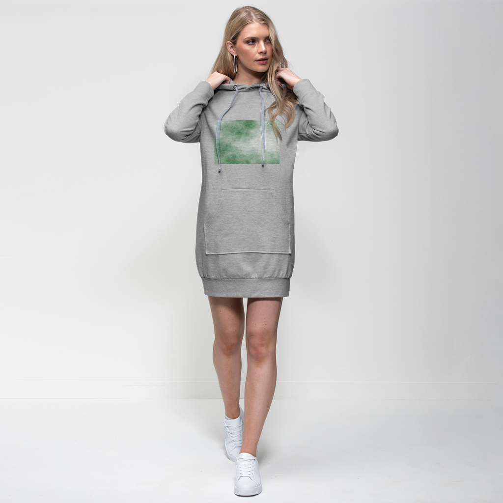 Green Cloud Premium Adult Hoodie Dress featuring a relaxed fit, hood with drawstring, and kangaroo pouch pocket, made from soft cotton blend fabric.