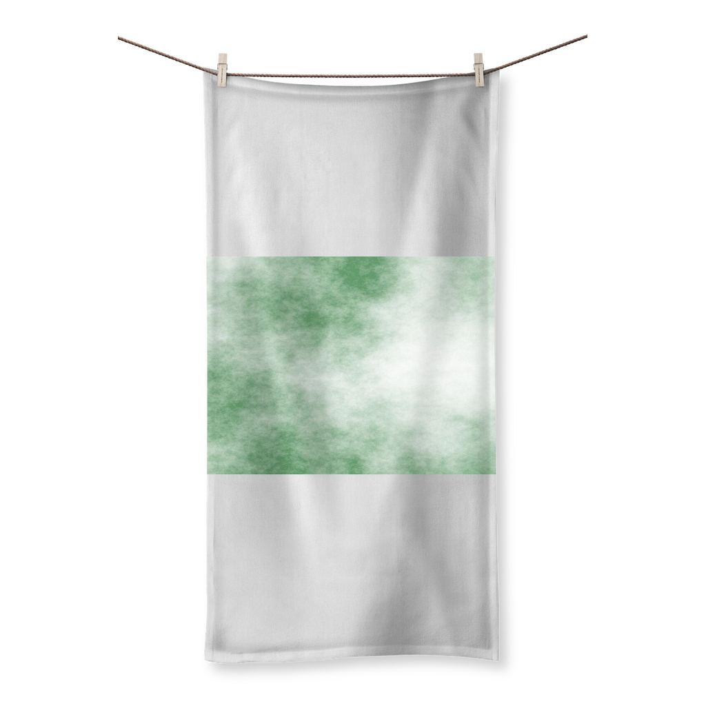 Green Cloud Sublimation All Over Towel featuring vibrant designs on one side and soft cotton backing for drying.