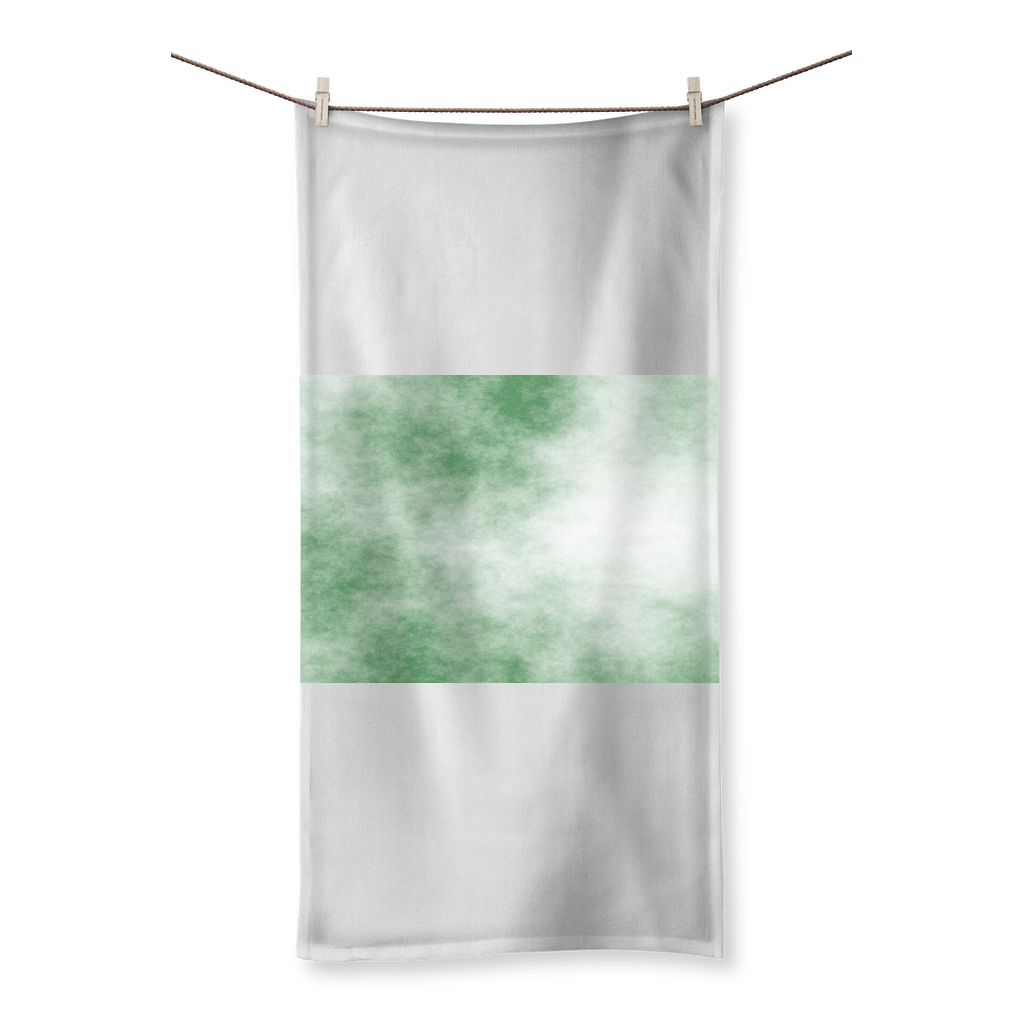 Green Cloud Sublimation All Over Towel featuring vibrant designs on one side and soft cotton backing for drying.