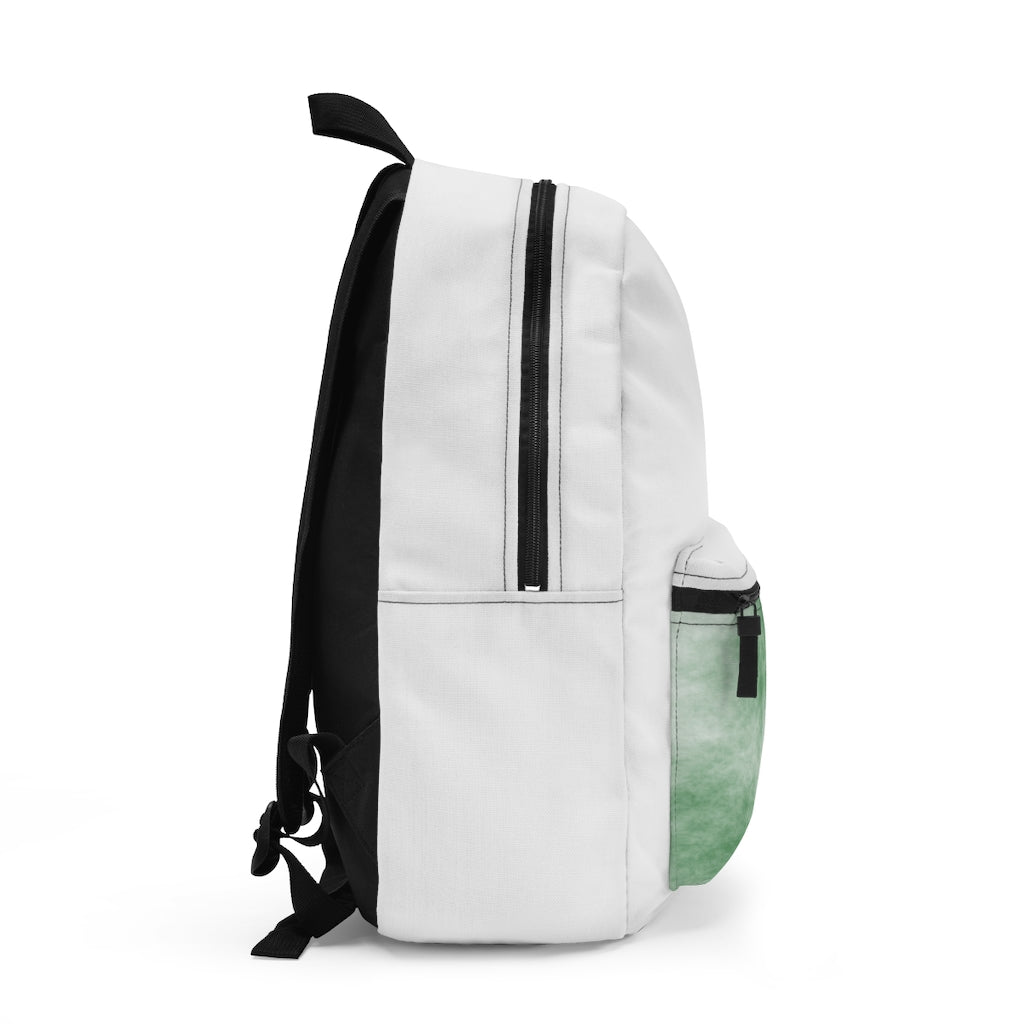 Green Clouds Backpack made in USA, featuring adjustable straps and waterproof material, perfect for everyday use.