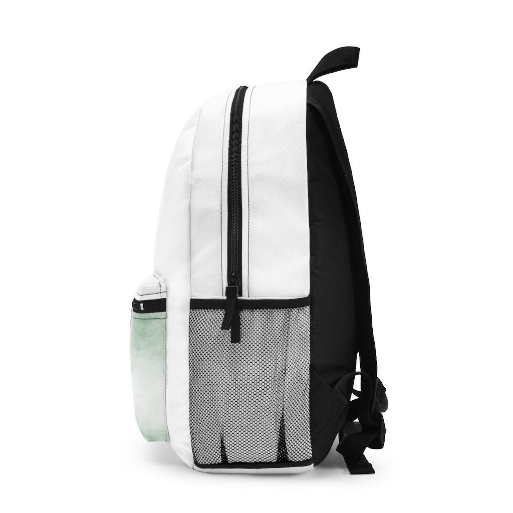 Green Clouds Backpack made in USA, featuring adjustable straps and waterproof material, perfect for everyday use.