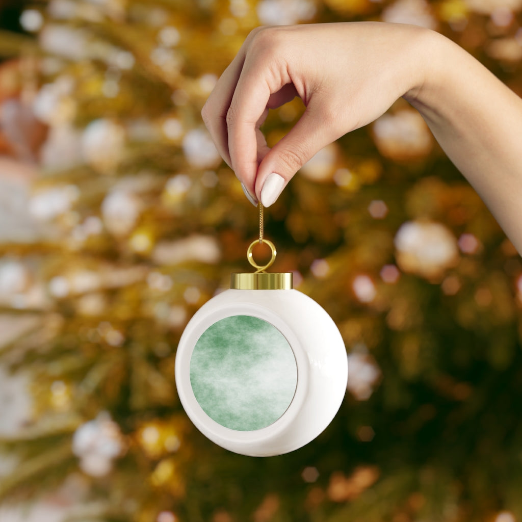 A 3-inch Green Clouds Christmas Ball Ornament with a glossy finish and gold ribbon, featuring a vintage design and custom metal insert.