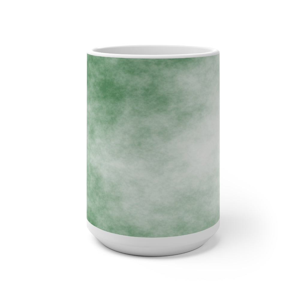 Green Clouds Color Changing Mug showcasing vibrant colors when filled with hot liquid, featuring a C-handle and rounded corners.