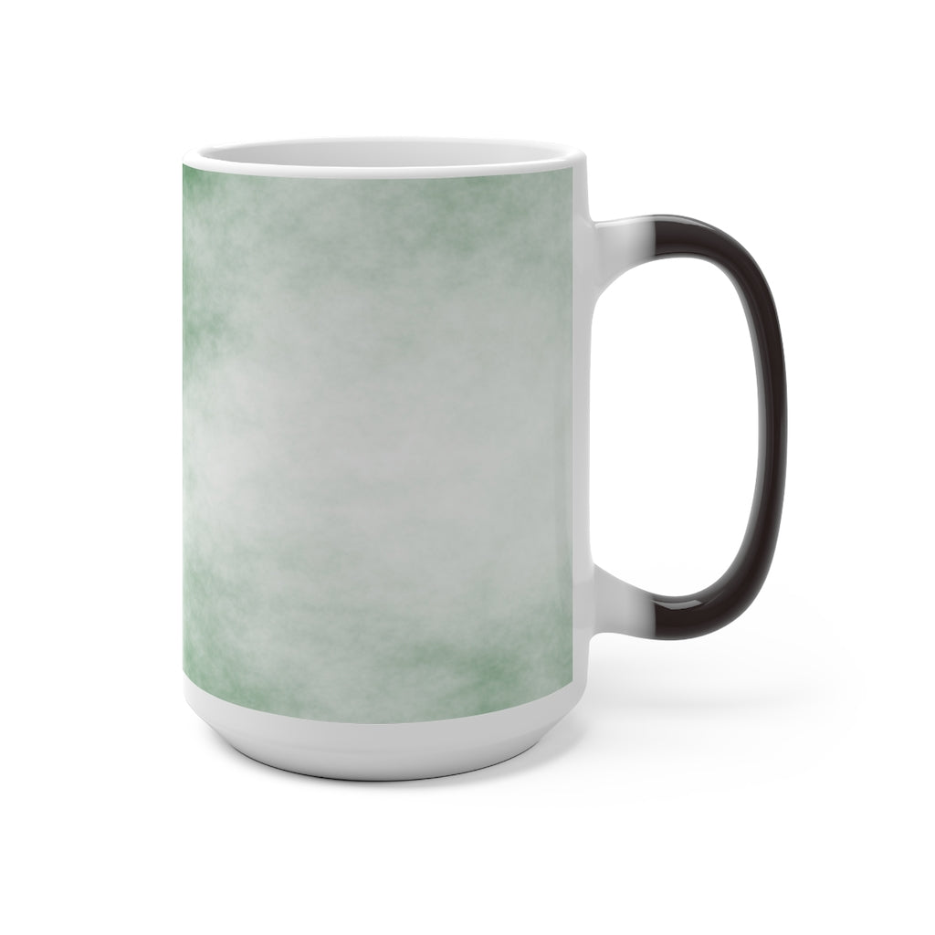 Green Clouds Color Changing Mug showcasing vibrant colors when filled with hot liquid, featuring a C-handle and rounded corners.