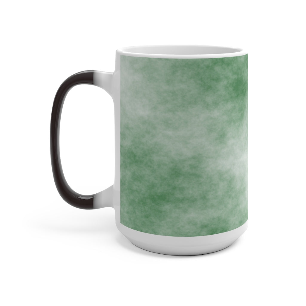 Green Clouds Color Changing Mug showcasing vibrant colors when filled with hot liquid, featuring a C-handle and rounded corners.