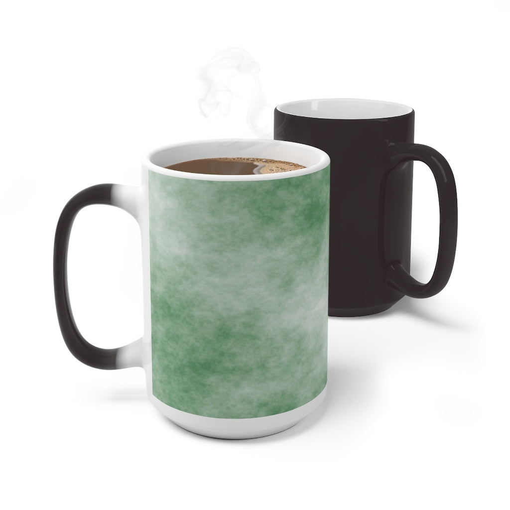 Green Clouds Color Changing Mug showcasing vibrant colors when filled with hot liquid, featuring a C-handle and rounded corners.