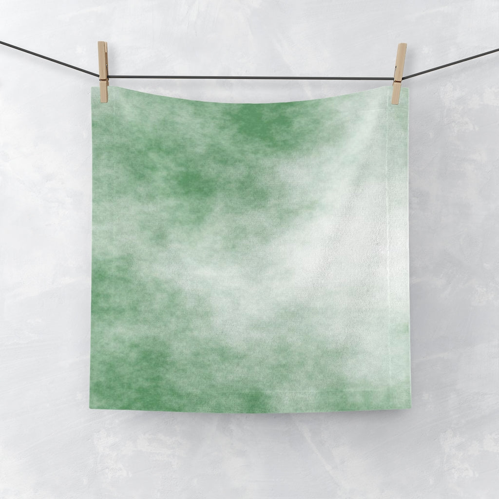 Green Clouds Face Towel featuring a vibrant polyester front and soft cotton back, ideal for customization and everyday use.