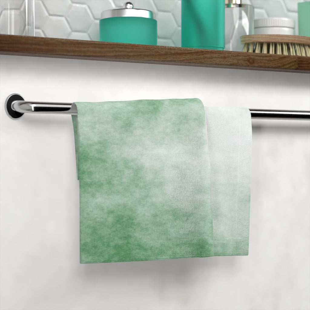 Green Clouds Face Towel featuring a vibrant polyester front and soft cotton back, ideal for customization and everyday use.