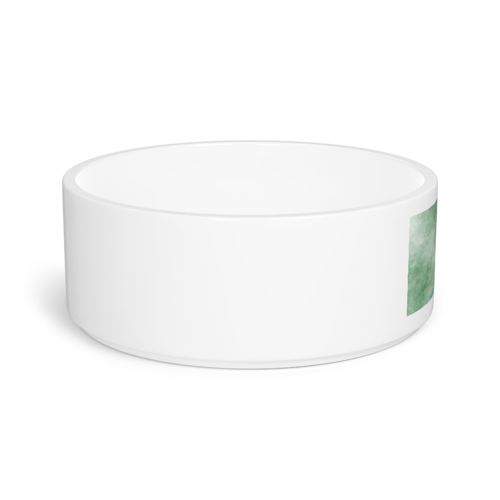 Green Clouds Pet Bowl made of white ceramic with a customizable design, measuring 6 inches in diameter and 2.25 inches tall.