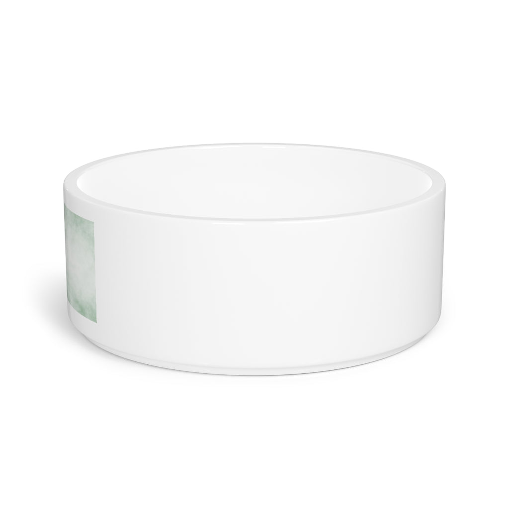 Green Clouds Pet Bowl made of white ceramic with a customizable design, measuring 6 inches in diameter and 2.25 inches tall.