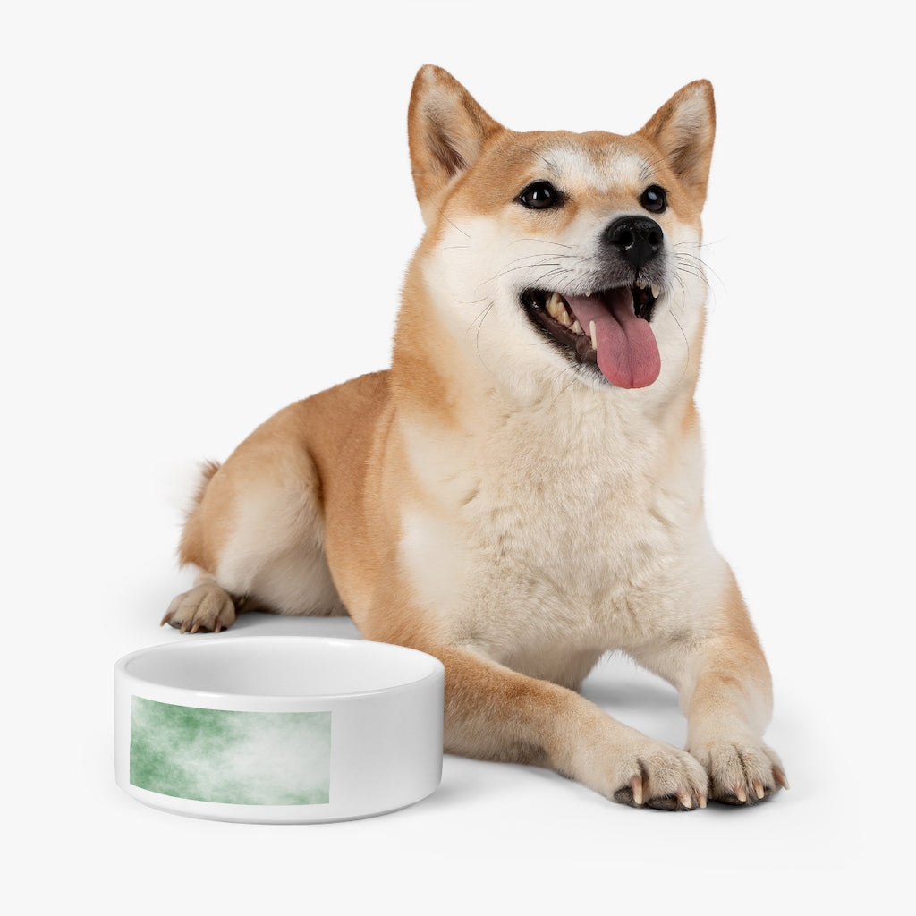 Green Clouds Pet Bowl made of white ceramic with a customizable design, measuring 6 inches in diameter and 2.25 inches tall.