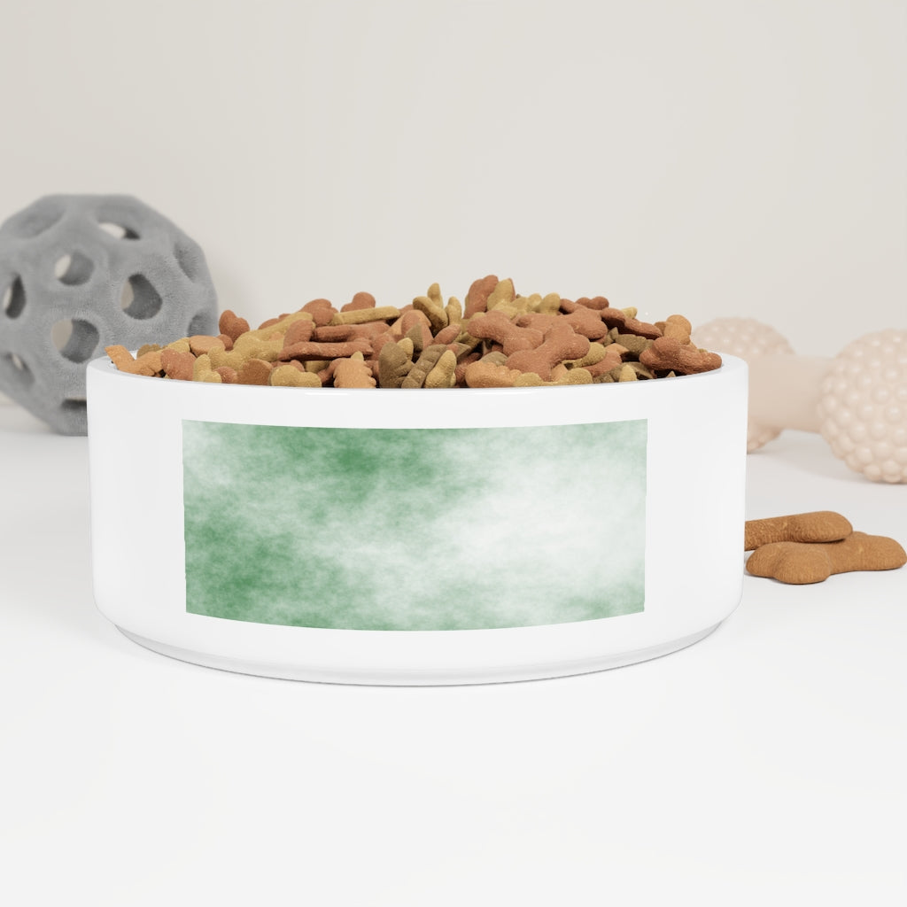 Green Clouds Pet Bowl made of white ceramic with a customizable design, measuring 6 inches in diameter and 2.25 inches tall.