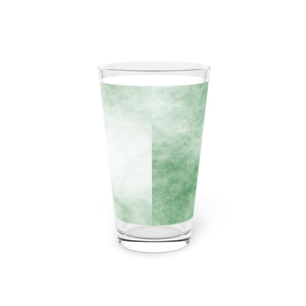 A clear 16oz pint glass featuring a green cloud design, perfect for personalized beverages.