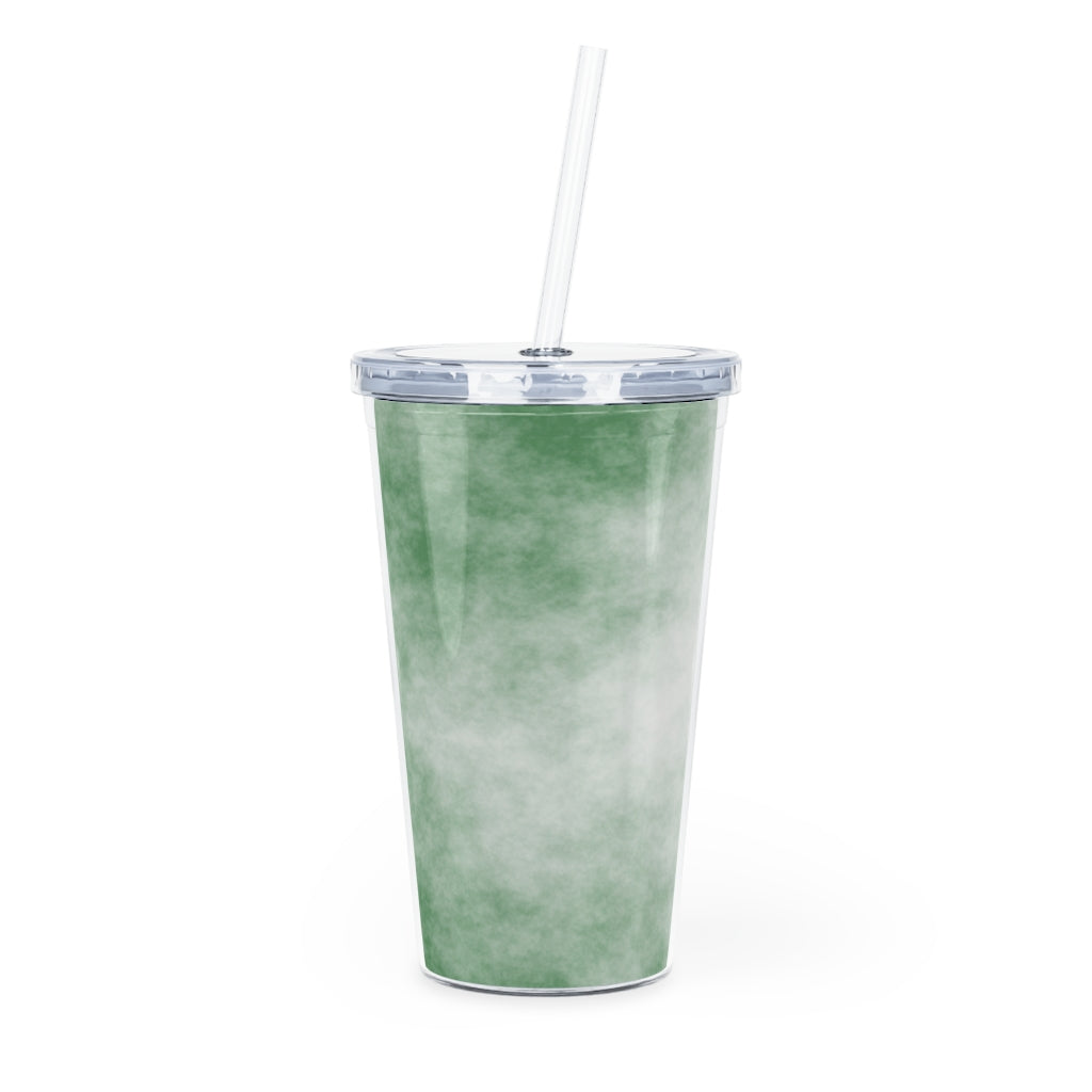 Green Clouds Plastic Tumbler with Straw, featuring a vibrant green design and double wall insulation for temperature retention.